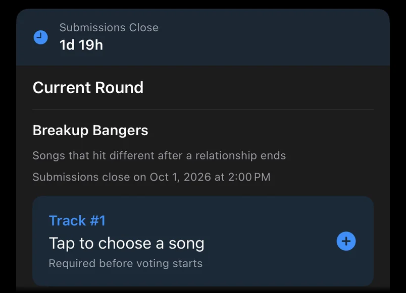 The current round card. The theme is Breakup Bangers, and submissions close in one day.