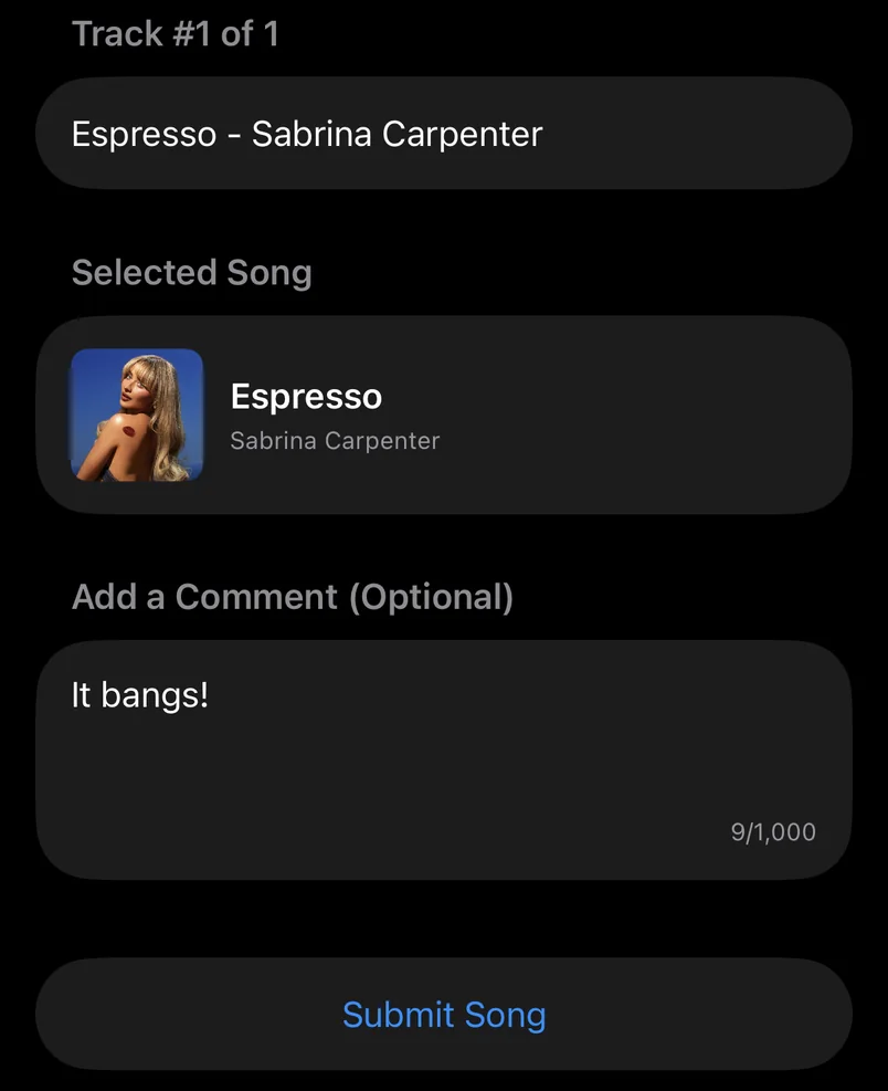 The submit screen with a song selected, a comment written, and a Submit Song button.