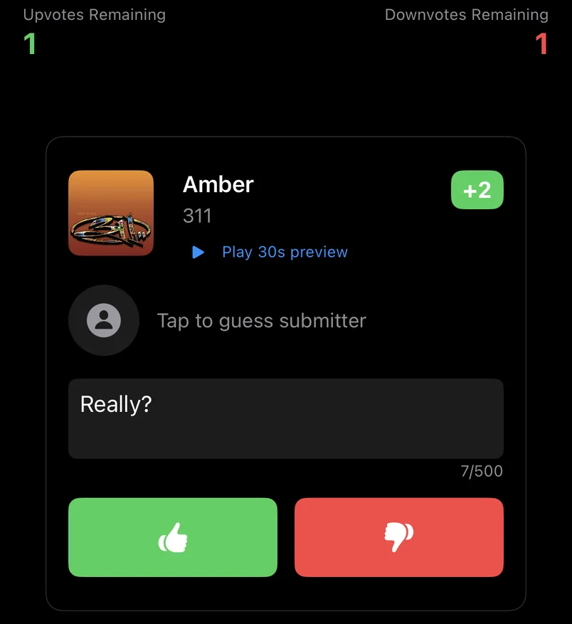 The voting screen. One song has two upvotes, with buttons to preview it, guess who submitted it, and vote it up or down.