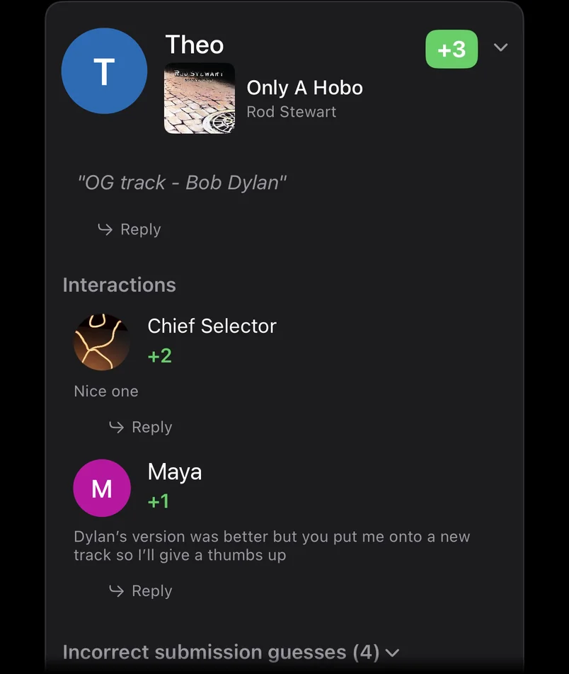 Round results in the app. One player's cover is shown with its points, the note they left, and what each friend gave it and said about it.